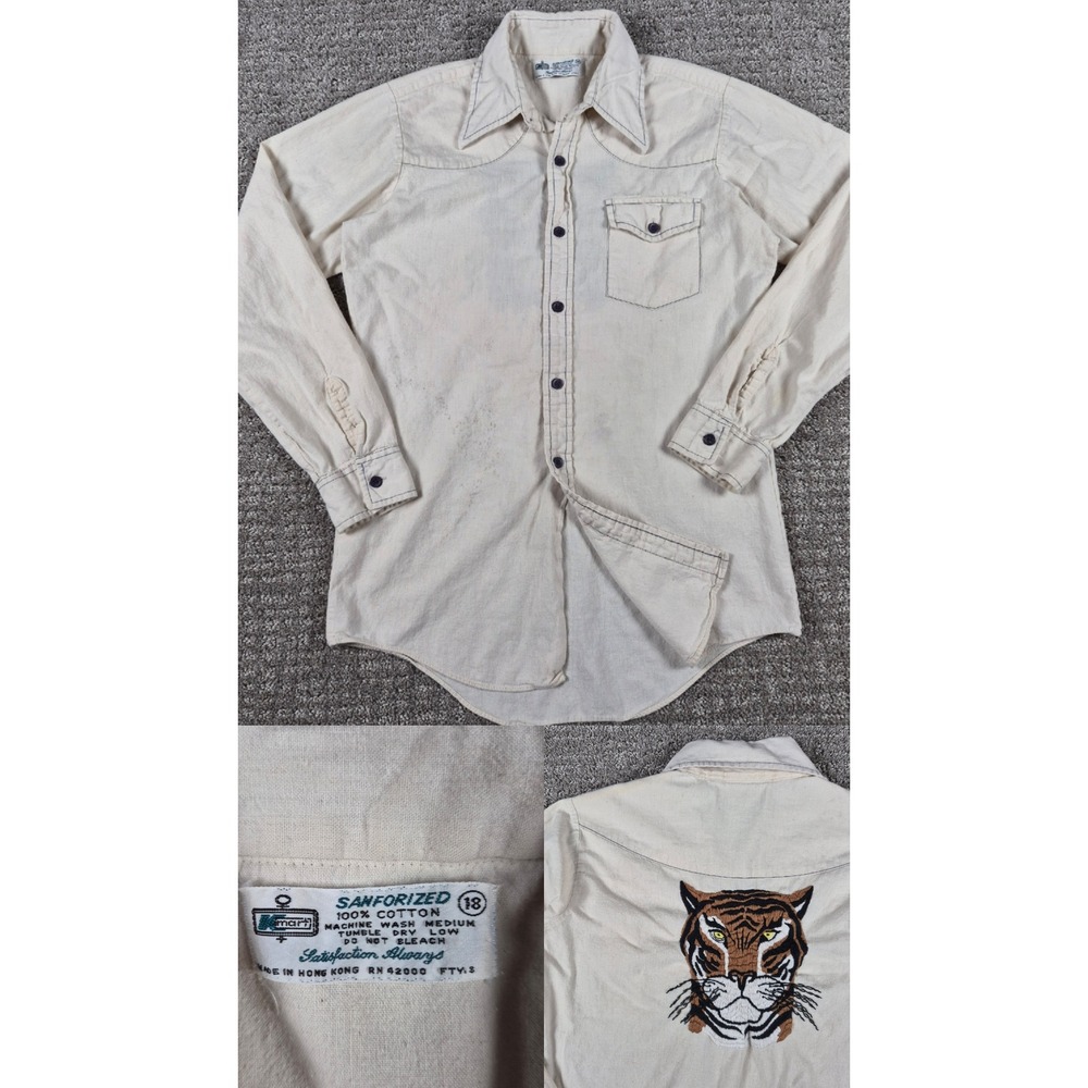 Vintage 1970s Kmart Sanforized Shirt Mens S Ecru Tiger Embroider Western Cowboy